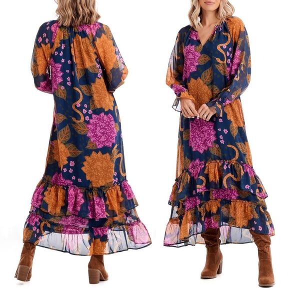 NWT Mud Pie Colleen Maxi Dress Navy Floral Ruffled Flowy Long Sleeve Size Medium - Picture 4 of 12